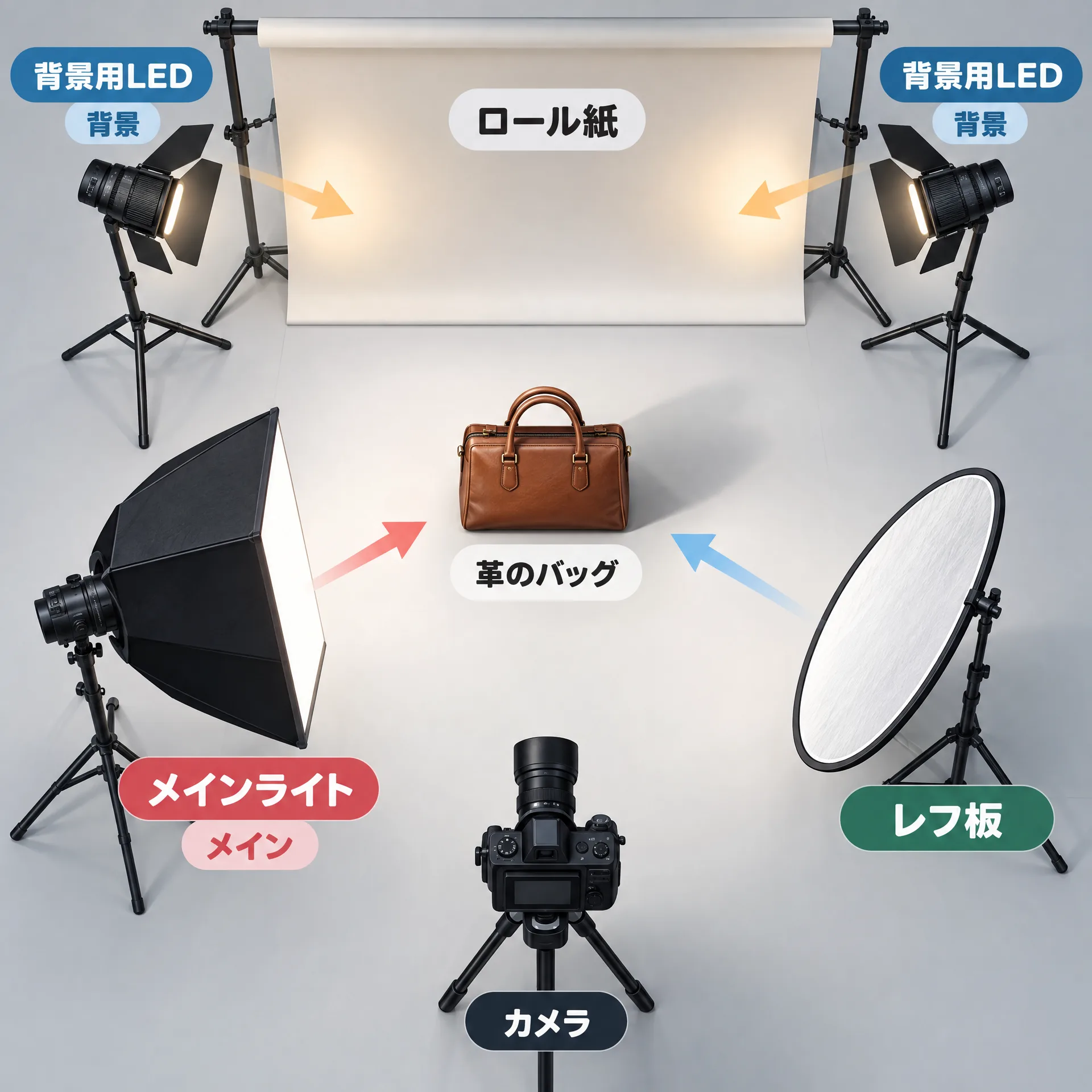 3灯構成の配置と役割を示した俯瞰図