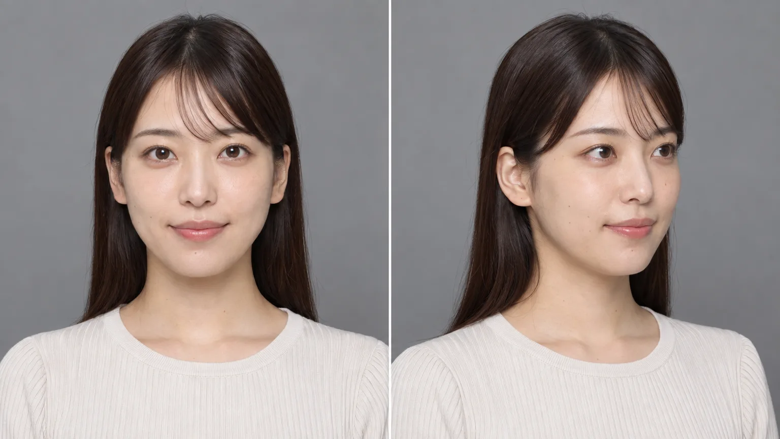 同一人物の正面と斜め45度のバストアップ比較写真