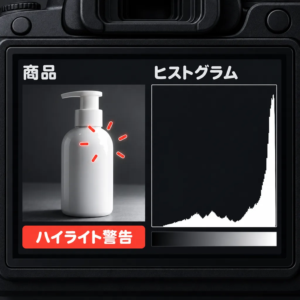 不合格のヒストグラム。右端の山が太く大きく、商品の部分にもハイライト警告が点滅している