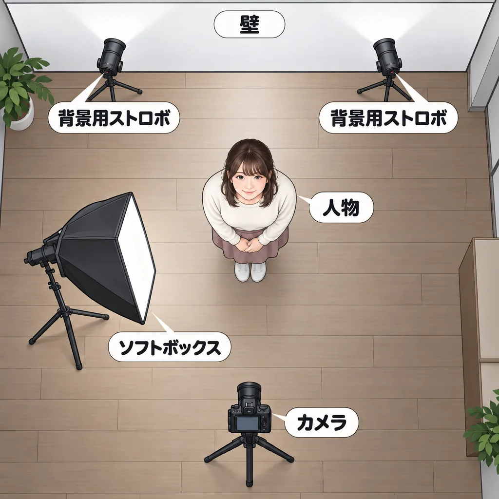 3灯構成の照明配置を示す俯瞰図
