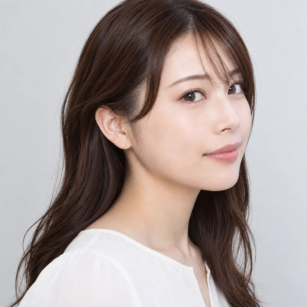 同じ人が顔を左へ45度振ったバストアップ写真。左右で輪郭と目の印象が変わることが比べられる構図