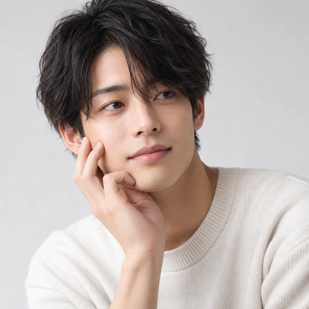 視線を外し頬に手を添えた男性のバストアップポートレート