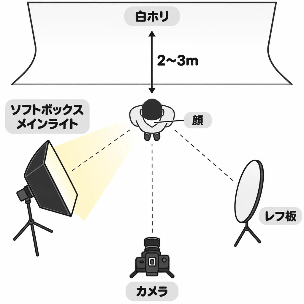 真上から見たソフトボックスと人物の配置図