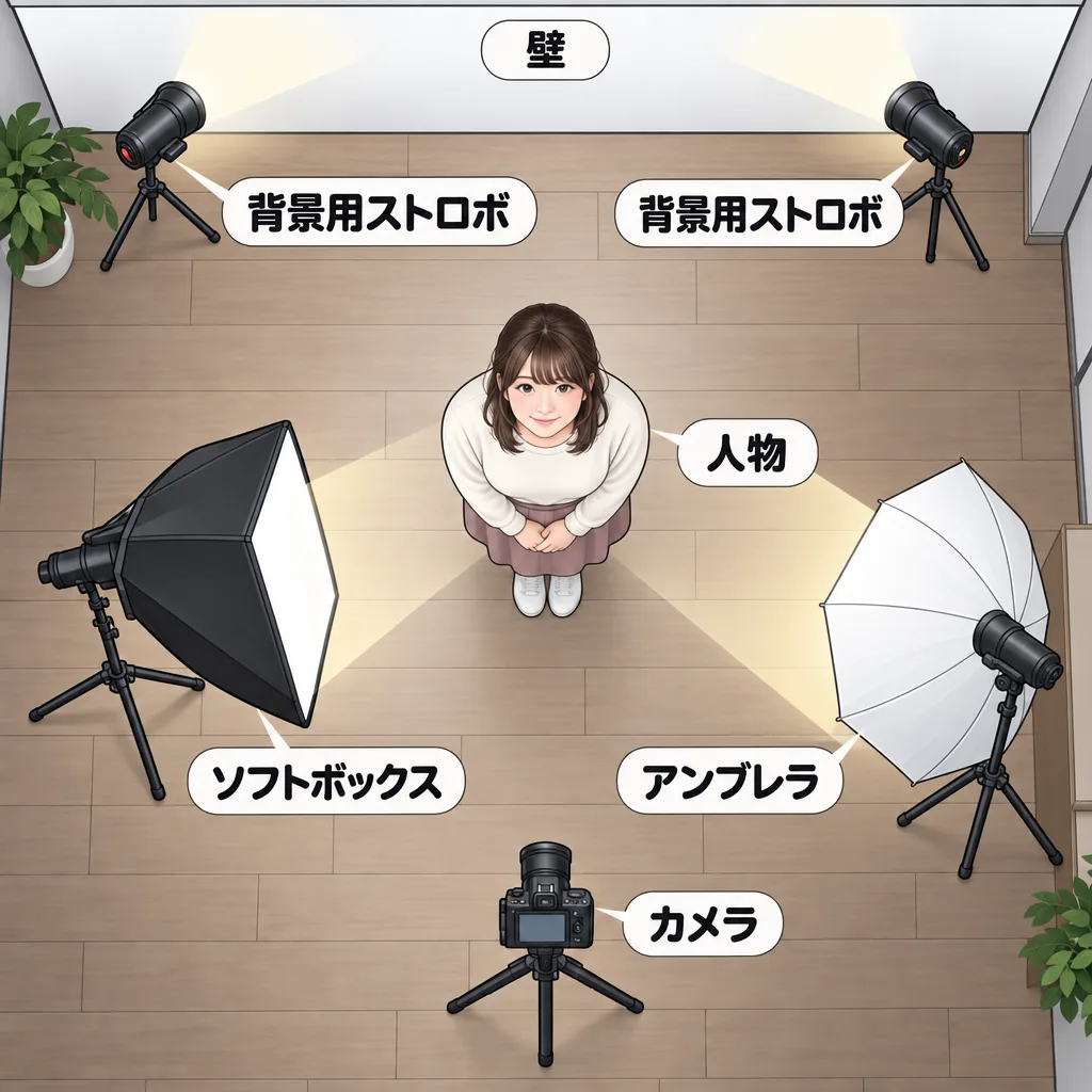 4灯構成の照明配置を示す俯瞰図