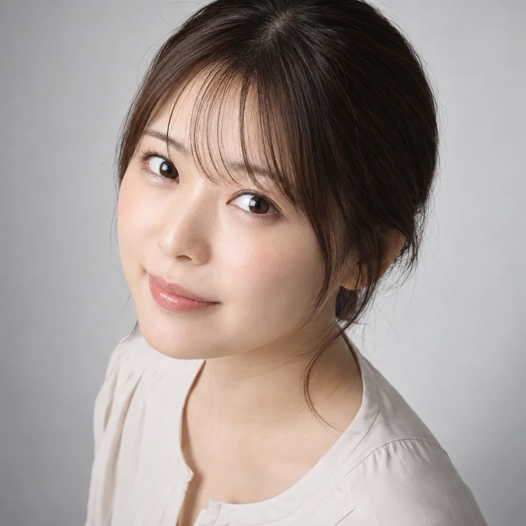 丸顔向けのやや高い位置・斜め45度・あご軽く引いたバストアップ写真