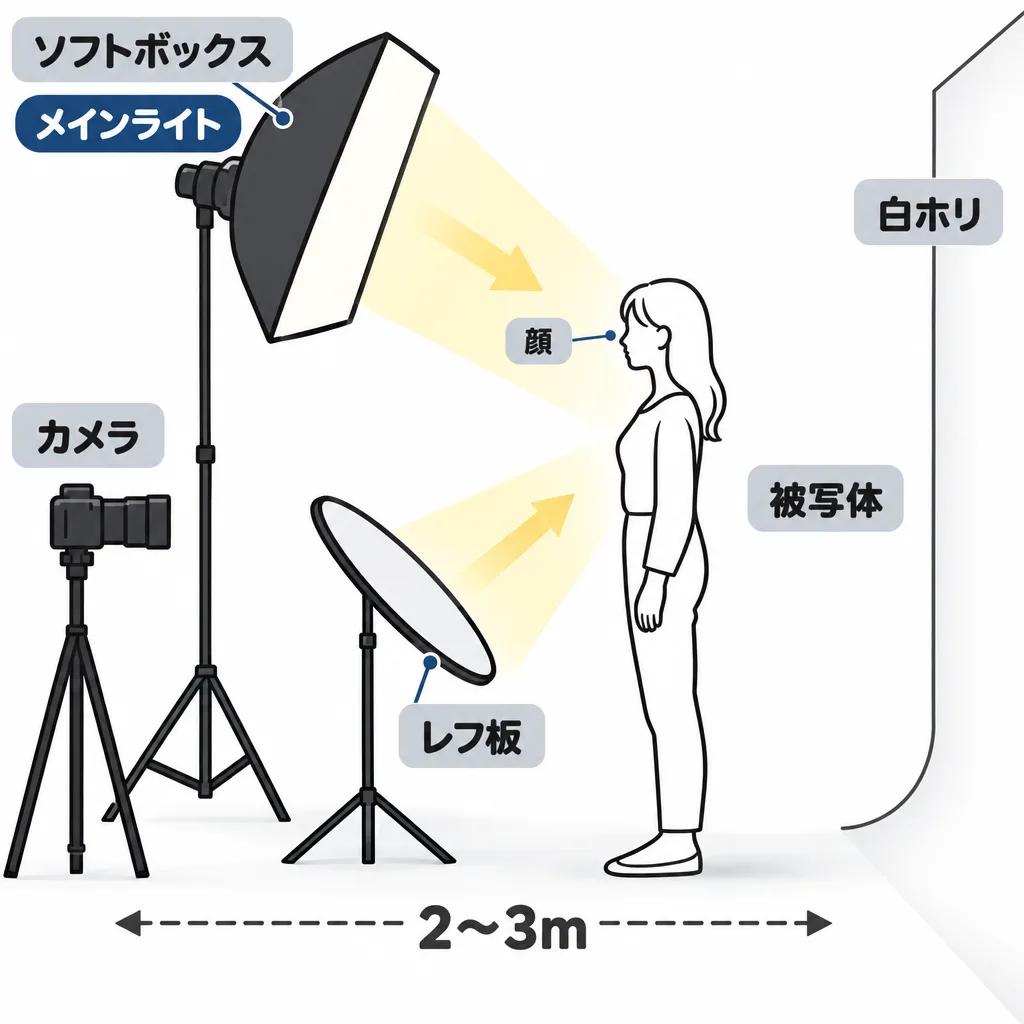 横から見たクラムシェルライティングの配置図